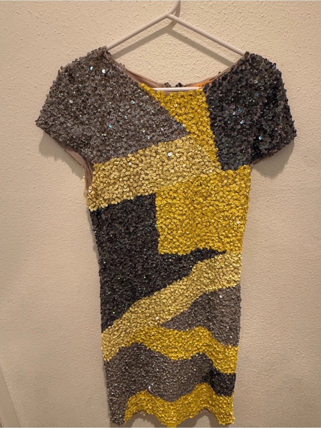 Alice + Olivia Yellow And Gray Sequin Colorblock Mini Dress